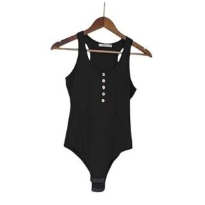 REORIA Black Ribbed Snap Front Tank Bodysuit Sleeveless Minimalist S